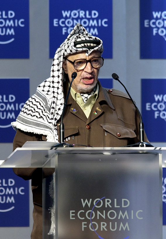 DAVOS/SWITZERLAND,28JAN01 - President of the Palestinian Authority Yasser Arafat addresses a session entitled 'From Peacemaking to Peacebuilding' at the Annual Meeting 2001 of the World Economic Forum in Davos, January 28, 2001. Arafat met with Minister of Regional Cooperation of Israel Shimon Peres. Byline: swiss-image.ch/Photo by Remy Steinegger NO RESALES, NO ARCHIVES